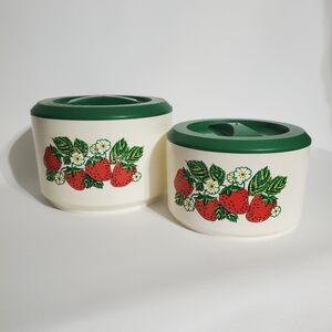 Vintage Sterilite Strawberry Plastic Canisters Organizers Containers Green Lids